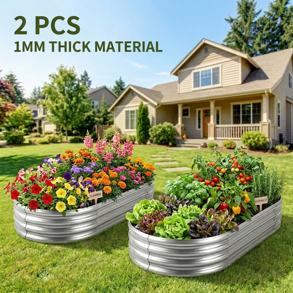 Sylviera Raised Garden Bed Kits 2 Pack, Oval Metal Galvanized Planter Boxes for Vegetables and Flowers