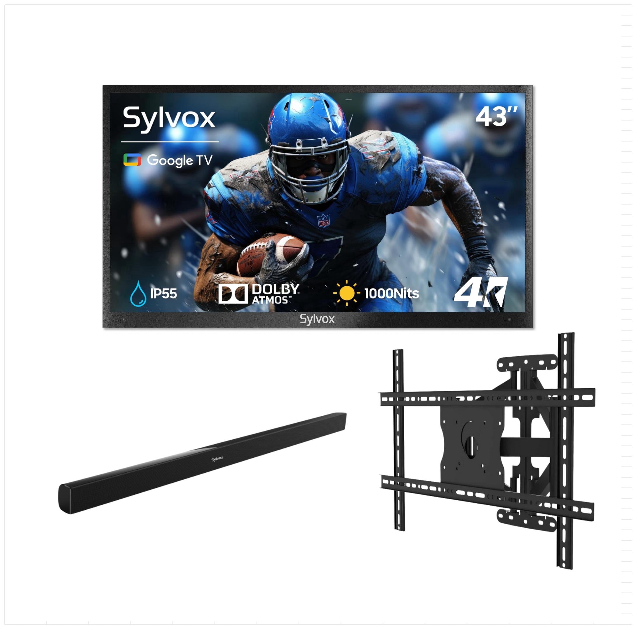 SYLVOX 43" Outdoor TV with Mount & Soundbar, 4K UHD Google TV for Partial Sun Outside 1000nit Brightness, IP55 Weatherproof, Dolby Atmos, Voice Remote (Deck Pro 3.0)