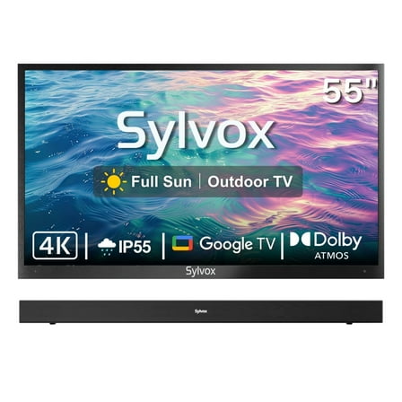 SYLVOX 55" Outdoor TV with Bluetooth Soundbar, IP55 Weatherproof Television, IP65 Waterproof Speaker, 4K UHD Google TV for Full Sun(Pool Pro 2.0)