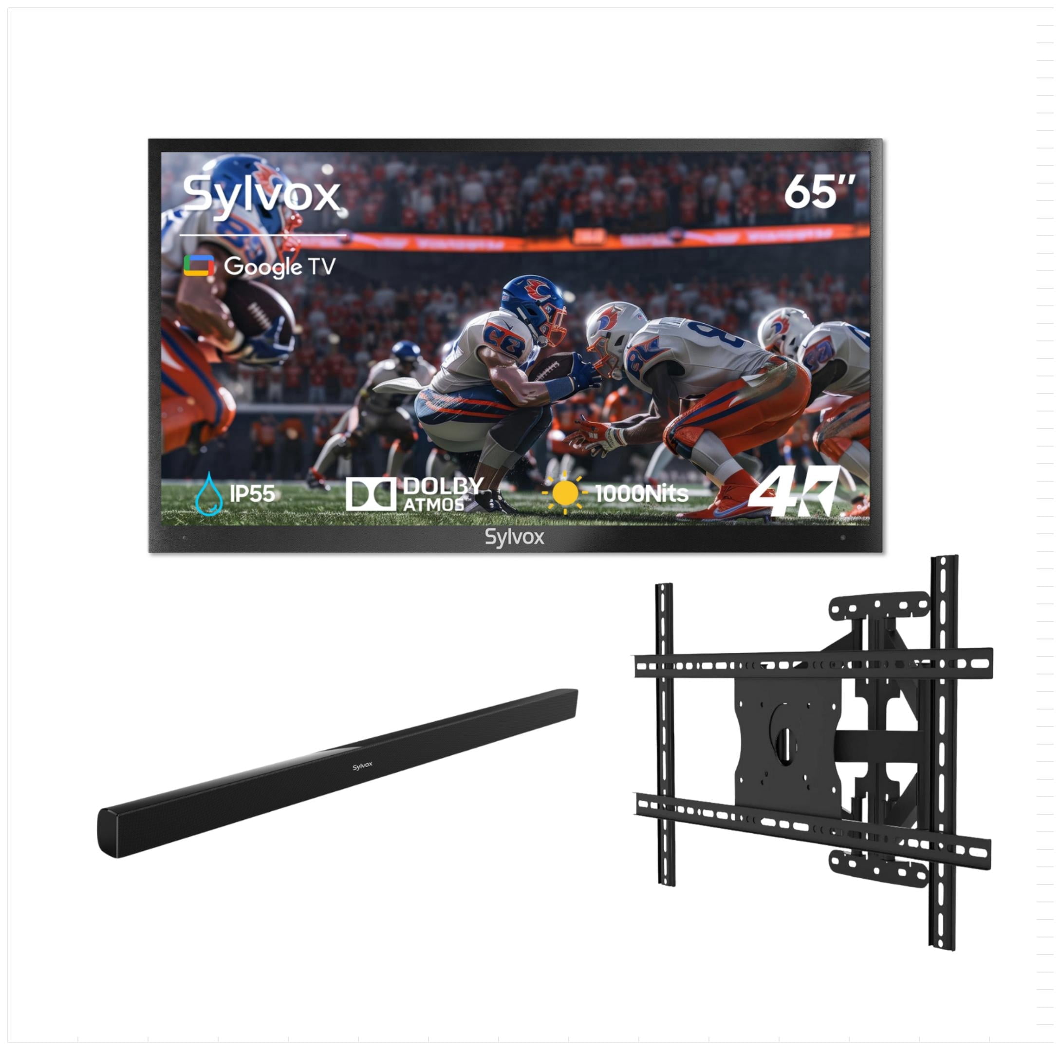 SYLVOX 65" Outdoor TV with Mount & Soundbar, 4K UHD Google TV for Partial Sun Outside 1000nit Brightness, IP55 Weatherproof, Dolby Atmos, Voice Remote (Deck Pro 3.0)