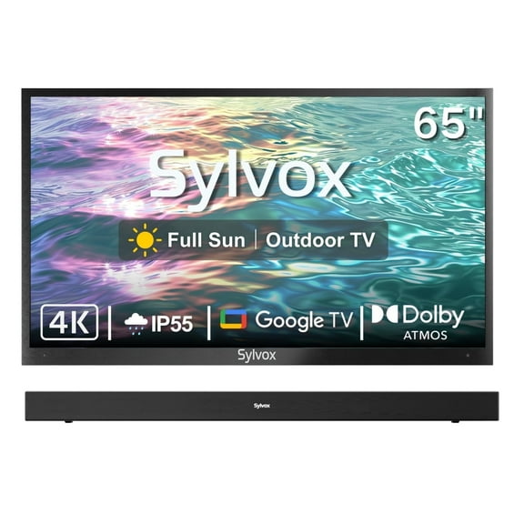 SYLVOX 65" Full Sun Outdoor TV with Soundbar, IP55 Weatherproof Television, IP65 Waterproof Soundbar, 4K UHD Google TV 2000Nits Brightness for Full Sun (Pool Pro 2.0)