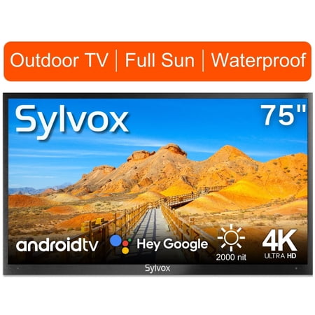 Sylvox 75 inch Full Sun Outdoor TV Android Smart Outdoor TV 2000 Nits 4K UHD IP55 Weatherproof Outdoor TV with Voice Control & Chromecast (Pool Pro Series)