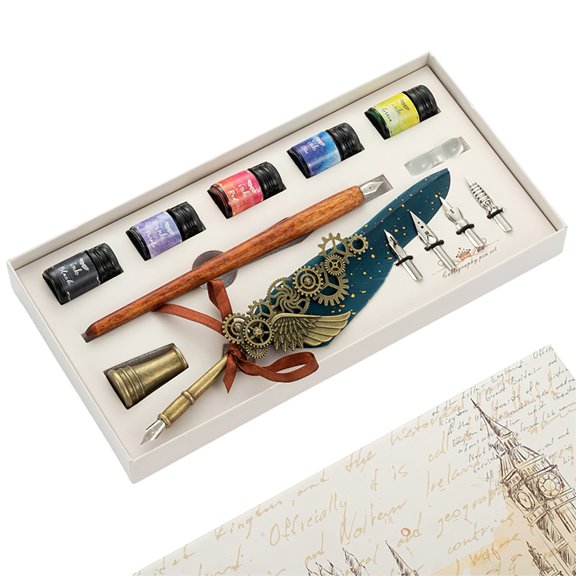 Sylvtty 1 Set Gear Decoration Quill Pen Set Nice-looking Wood Glittering Signature Quill Pen Ink Set for Students