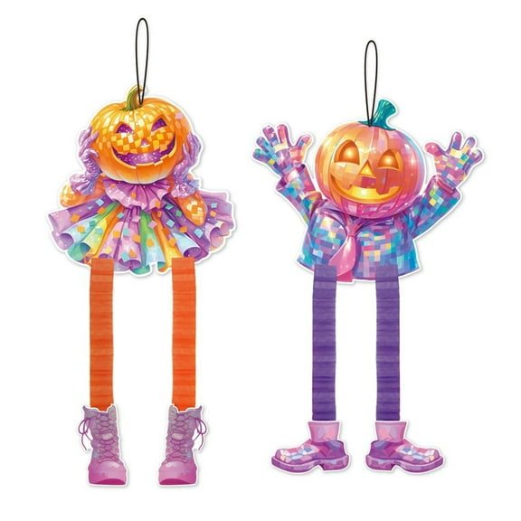 Sylvtty 2 Pcs Hanging Pumpkin Decoration Honeycomb Telescopic Leg Paper Pumpkin Ornament for Halloween Party Home Wall Door Decor