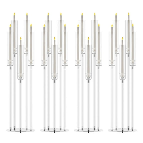 Sylvtty 4Pcs Candelabra Centerpieces, Tall Candelabra, Clear Candle Taper Candlestick Holder, 5 Arm Candlesticks Holder with Acrylic Shade, LED Candle for Wedding Dinner Party