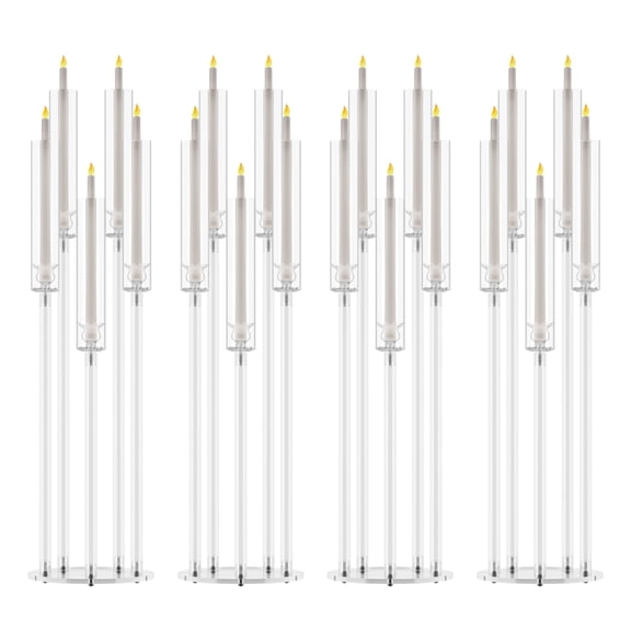 Sylvtty 4Pcs Candelabra Centerpieces, Tall Candelabra, Clear Candle Taper Candlestick Holder, 5 Arm Candlesticks Holder with Acrylic Shade, LED Candle for Wedding Dinner Party