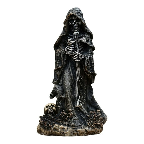 Sylvtty Grim Reaper Statue Halloween Black Horror Robe Sculpture Gothic Resin Santa Muerte Figurine for Halloween Indoor Bookshelf Desk Decor