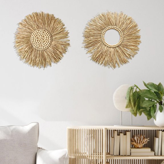 Sylvtty Wall Hanging Wall-mounted Handcrafted Round Handmade Mirror Wood Beads Ornament Home Office Decor