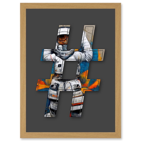 Symbol # Hashtag Pound Sign Bright Astronaut Decorative Graffiti Mural Alphabet Initial Stencil Artwork Framed Wall Art Print A4