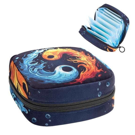 Symbol Yin-Yang Water and Fire Sanitary Napkin Storage Bag, Zipper Menstrual Cup Pouch Feminine Menstruation First Period Pads Holder for Girls Women Ladies