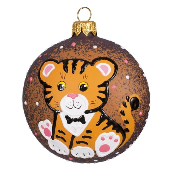 Symbol of 2022 Year Tiger Cub Medallion Hand Painted Hand Blown Glass Christmas Tree Ornament