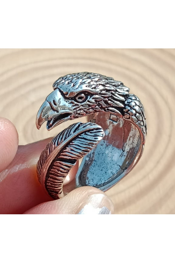 Symbol of Power Eagle Head Feather Men's Ring 925 Sterling Silver Viking Jewelry