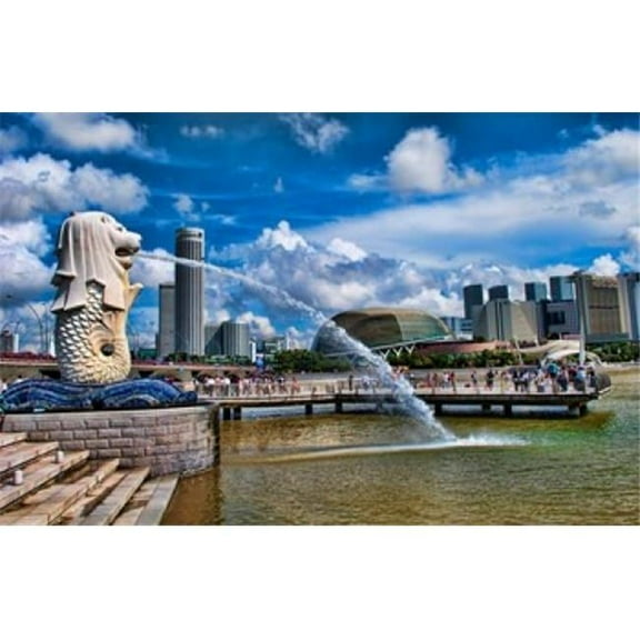 Symbol of Singapore & Downtown Skyline in Fullerton Area Clarke Quay Merlion Poster Print by Bill Bachmann
