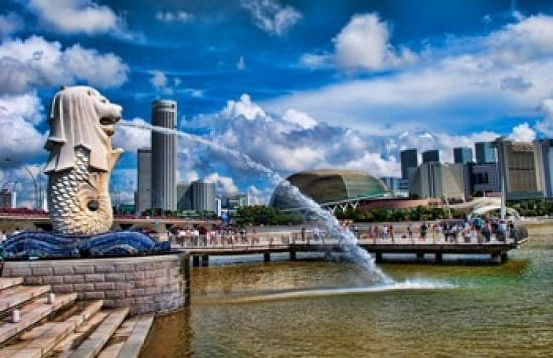 Symbol of Singapore and Downtown Skyline in Fullerton area Clarke Quay Merlion Canvas Art - Bill Bachmann DanitaDelimont (17 x 11)