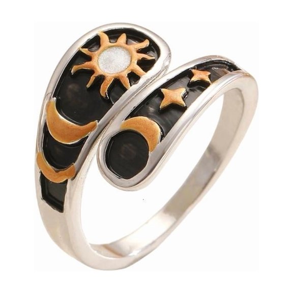 Symbolic Moon Star Sun Patterned Ring Made of Sturdy Copper Adjustable Fit