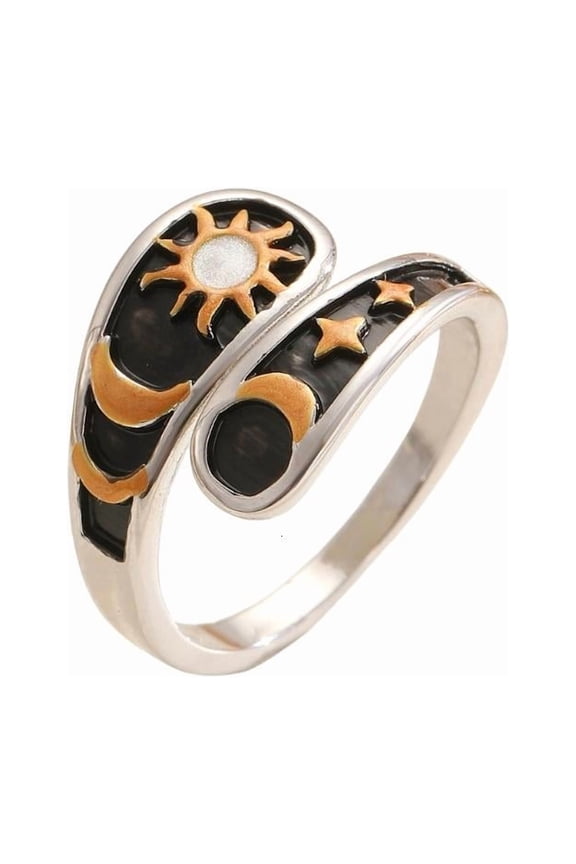 Symbolic Moon Star Sun Patterned Ring Made of Sturdy Copper Adjustable Fit