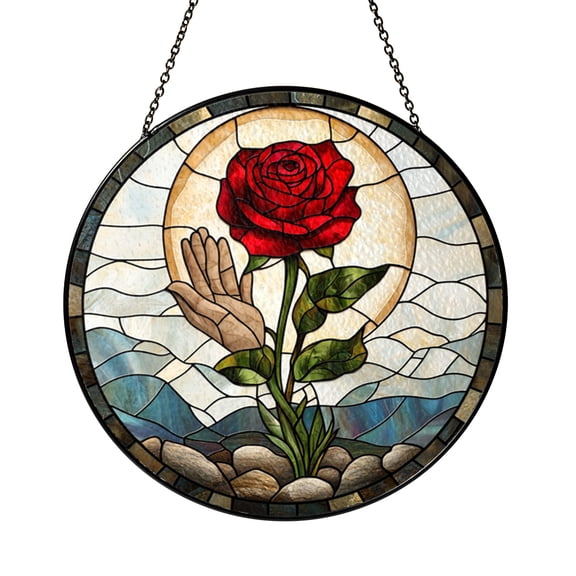 Symbolic Skeleton Hand Rose Stained Glass Window Hanging Decor