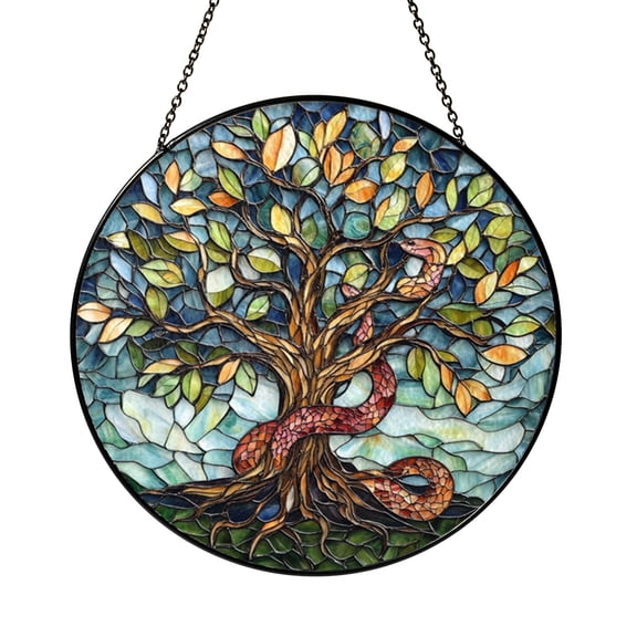 Symbolic Tree of Life Serpent Design Stained Glass Style Suncatcher Window Decor, Meaningful Art Gift for Spiritual Decor