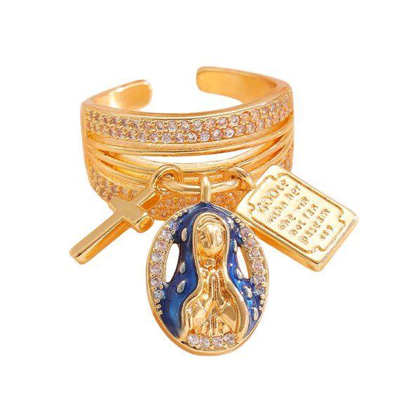 Symbolic Virgin Crucifix Scripture Rings Adjustable with Zircon Accent Copper Materials Finger Accessories