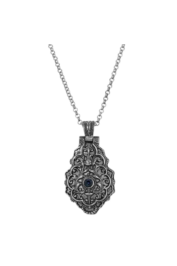 Antiqued Pewter Blue Crystal Cross Locket Pendant Necklace 28"
