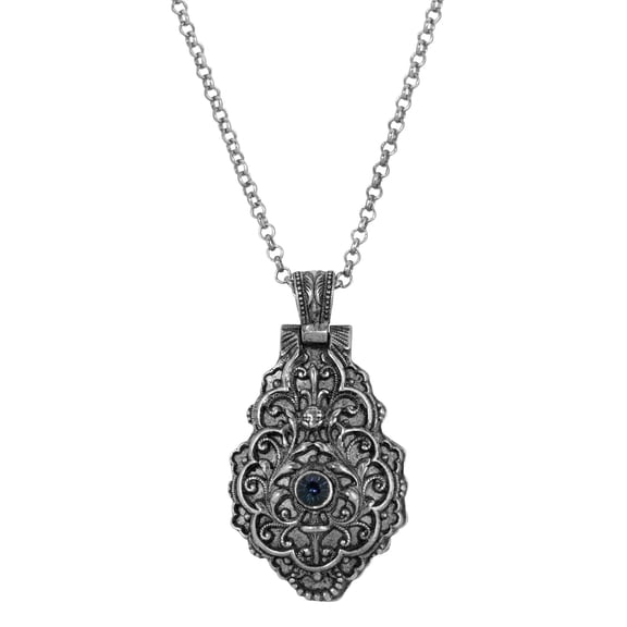 Symbols Of Faith Antiqued Pewter Blue Crystal Cross Locket Pendant Necklace 28"