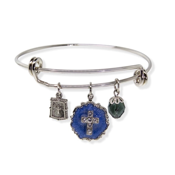 Symbols Of Faith Blue Enamel Crystal Cross Beaded Slide Charm Bracelet