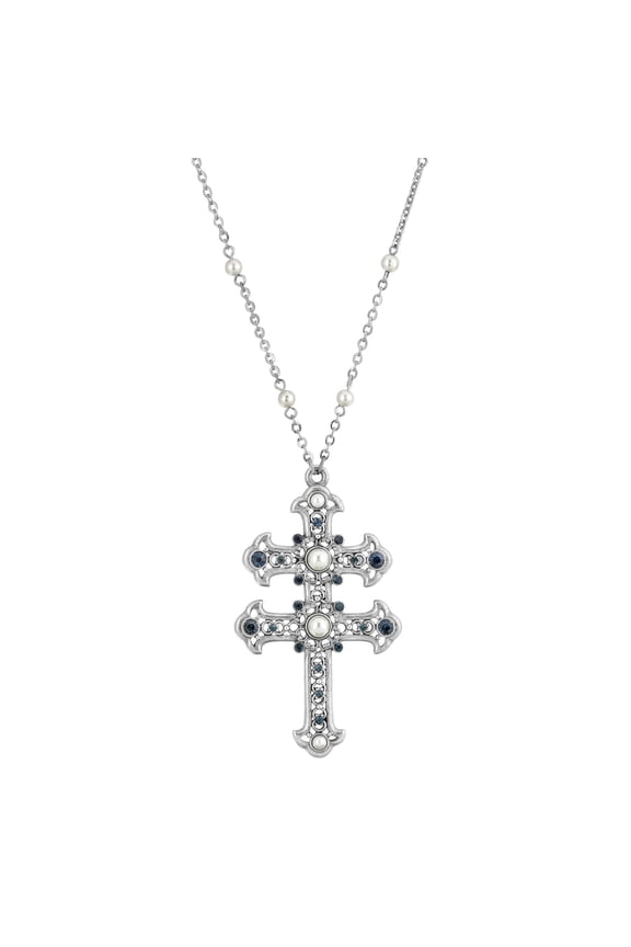Crystal and Faux Pearl Double Cross 30 Pendant Necklace