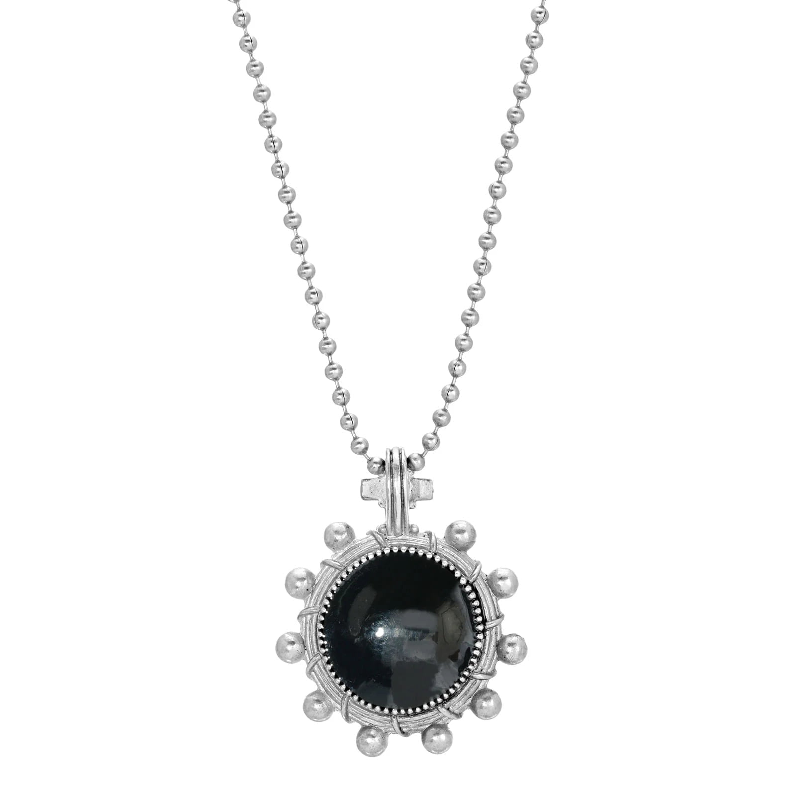 Pewter Pendant Necklace with Black Enamel and Ball Chain, 22"