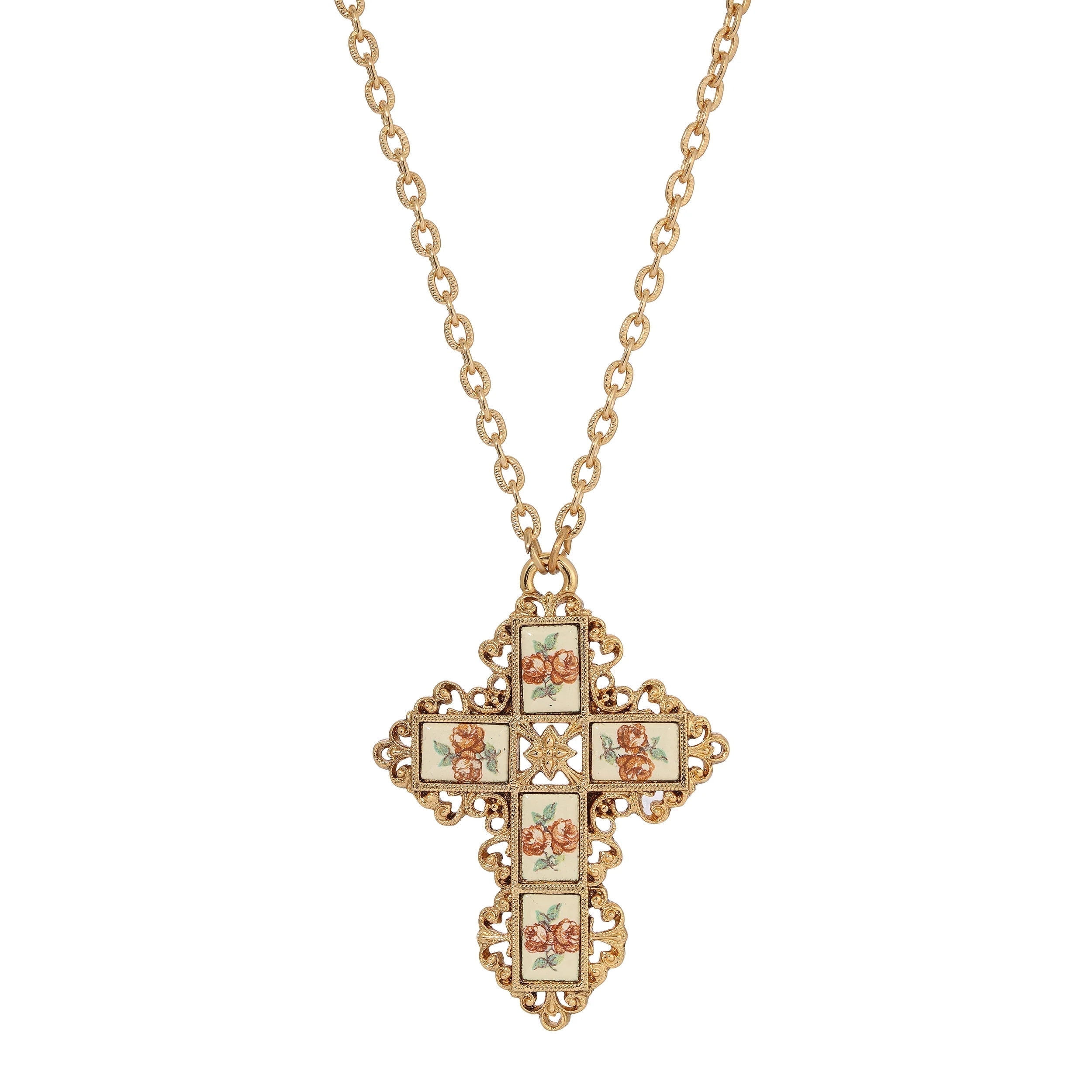 Gold Tone Filigree Cross Pendant with Enamel Floral Stones
