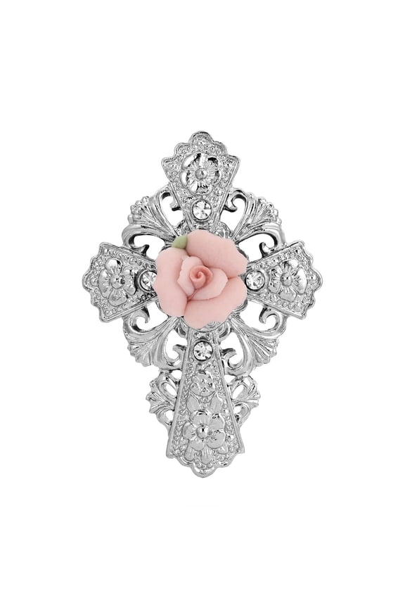 Floral And Crystal Accent Pink Porcelain Rose Cross Pin