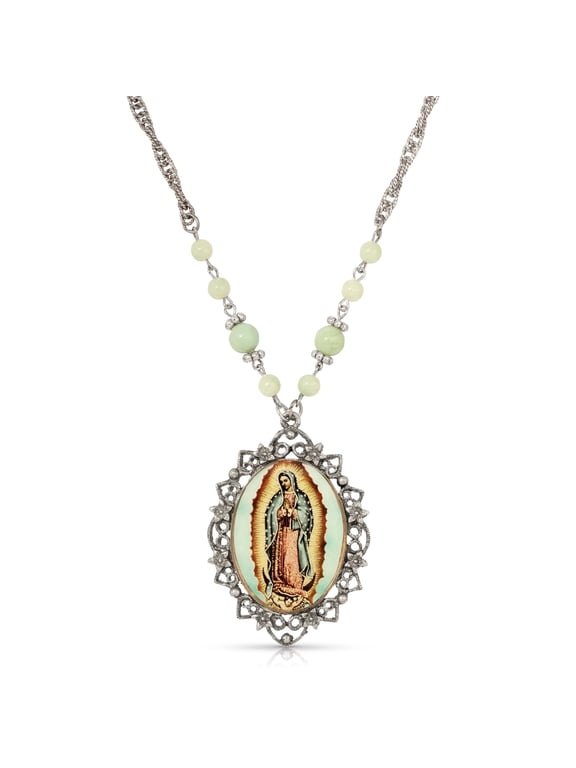 Green Bead Floral Filigree Our Lady Of Guadalupe Pendant Necklace 28"