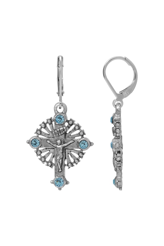 INRI Crucifix Aqua Blue Crystal Drop Earrings