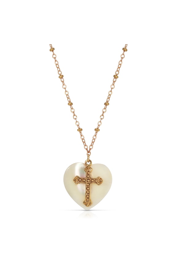Mother Of Pearl Heart & Cross Pendant Necklace 16" + 3" Extender