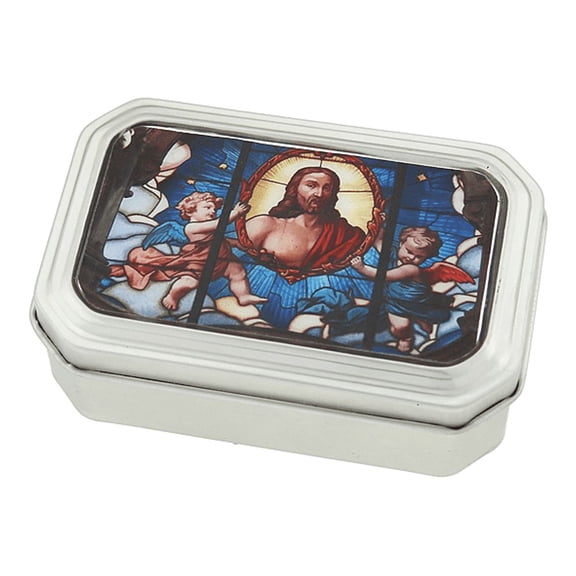 Symbols Of Faith Multi-Color Stained Glass Decal Tin Rosary Box