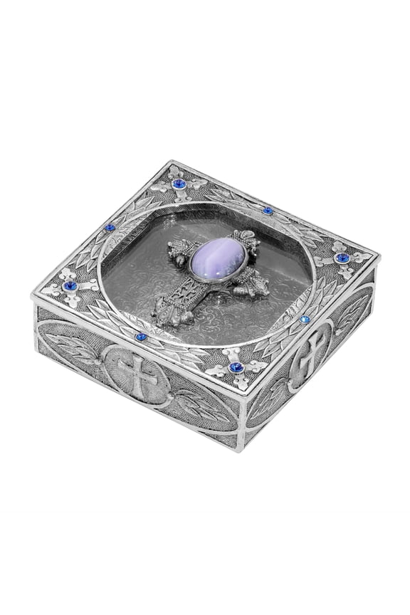 Oval Gemstone Cross And Leaf Pewter Rosary Box