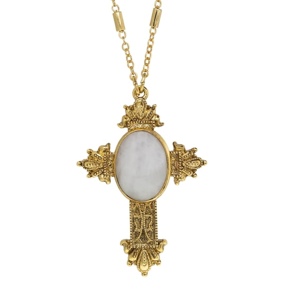 Symbols Of Faith Oval Genuine Semi Precious Stone Intricate Cross Pendant Necklace 28