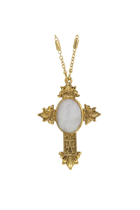 Oval Genuine Semi Precious Stone Intricate Cross Pendant Necklace 28