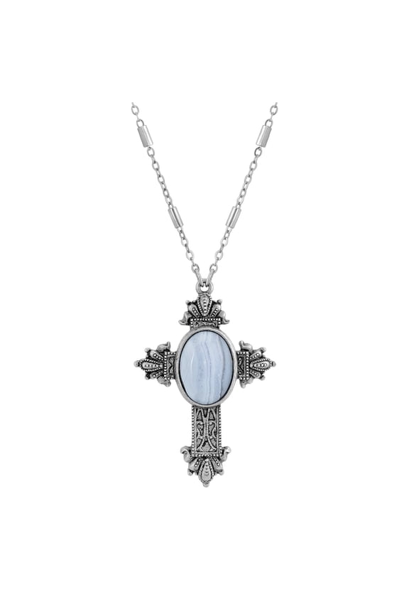 Oval Genuine Semi Precious Stone Intricate Cross Pendant Necklace 28