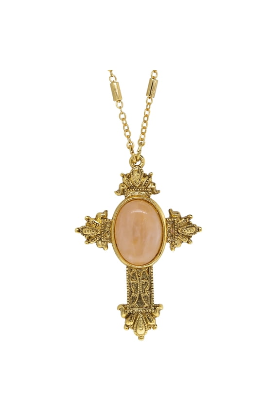 Oval Genuine Semi Precious Stone Intricate Cross Pendant Necklace 28