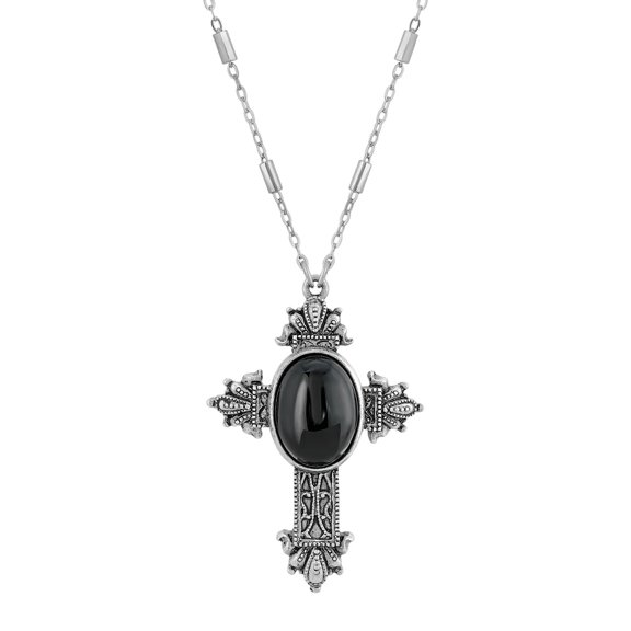 Symbols Of Faith Oval Genuine Semi Precious Stone Intricate Cross Pendant Necklace 28