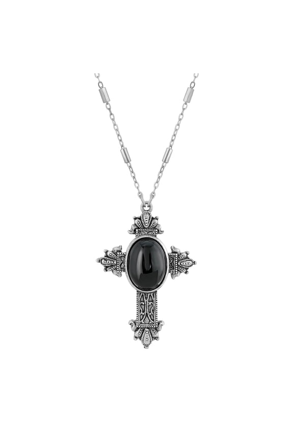 Oval Genuine Semi Precious Stone Intricate Cross Pendant Necklace 28