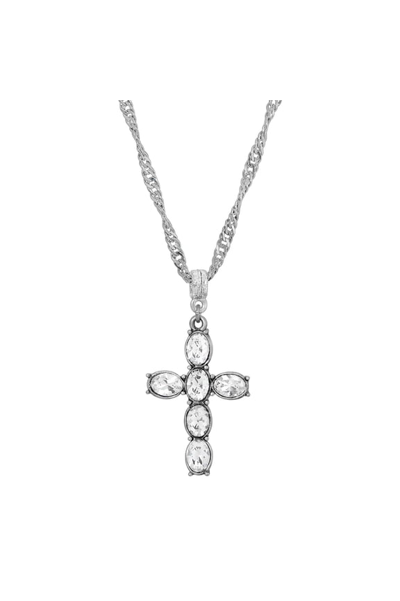 Pewter Crystal Cross Twisted Pendant Necklace 20