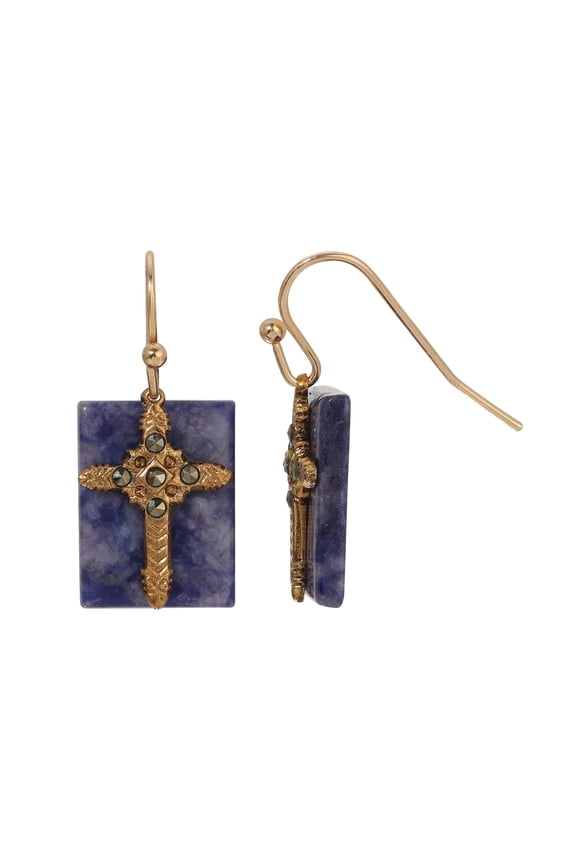 Rectangular Gemstone Marcasite Stone Cross Drop Earrings
