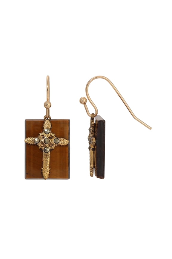 Rectangular Tigers Eye Gemstone Marcasite Stones Cross Drop Earrings