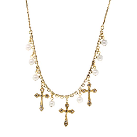 Symbols Of Faith Triple Cross Faux Pearl Drop Necklace 16 + 3 Extender