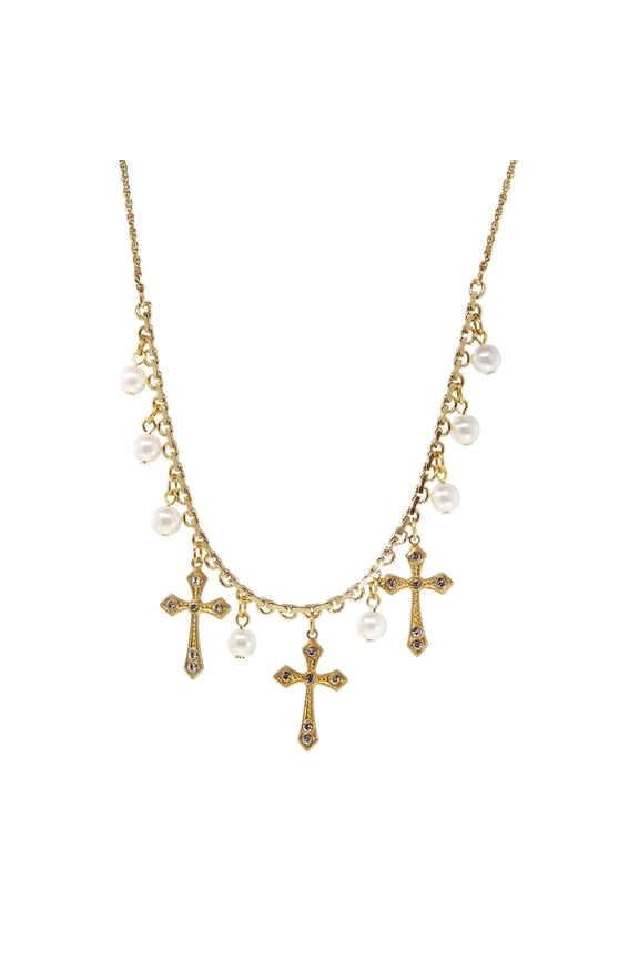 Triple Cross Faux Pearl Drop Necklace 16 + 3 Extender