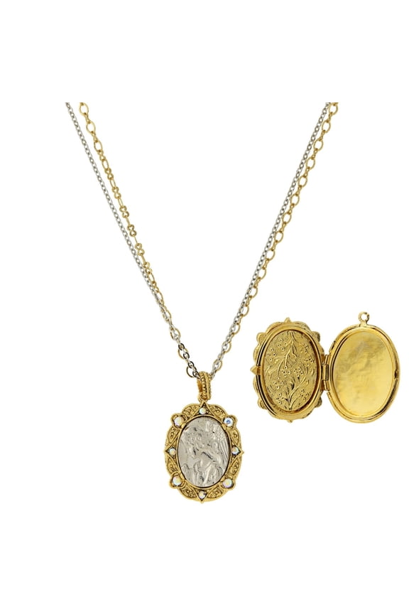 Two Tone Crystal AB Angel Locket Double Strand Necklace 24 Inches