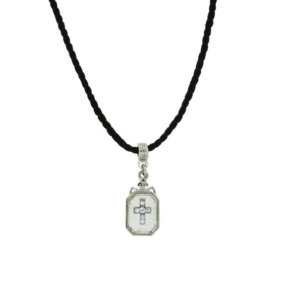 Symbols of Faith Frosted Glass Crystal Cross Pendant Necklace For Women On Black Twist Cord 15" + 3" Extender