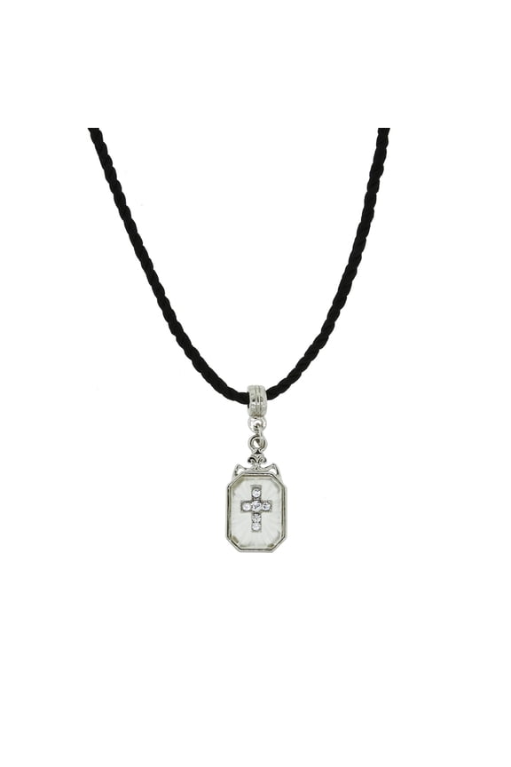 Symbols of Faith Frosted Glass Crystal Cross Pendant Necklace For Women On Black Twist Cord 15" + 3" Extender