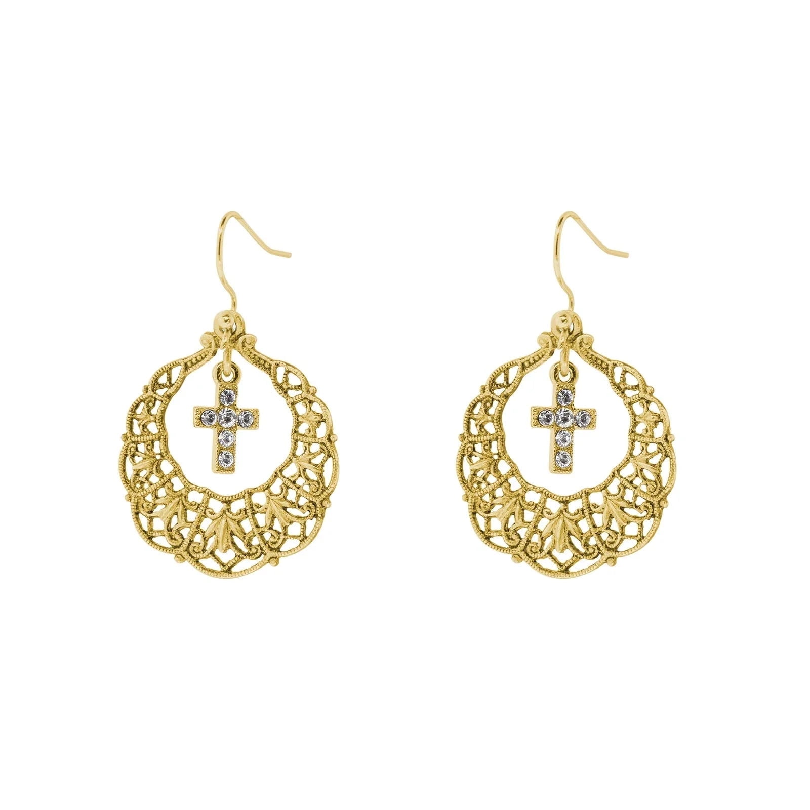 Symbols of Faith Gold-tone Ornate Frame with Clear Crystal Cross Dangle Earrings